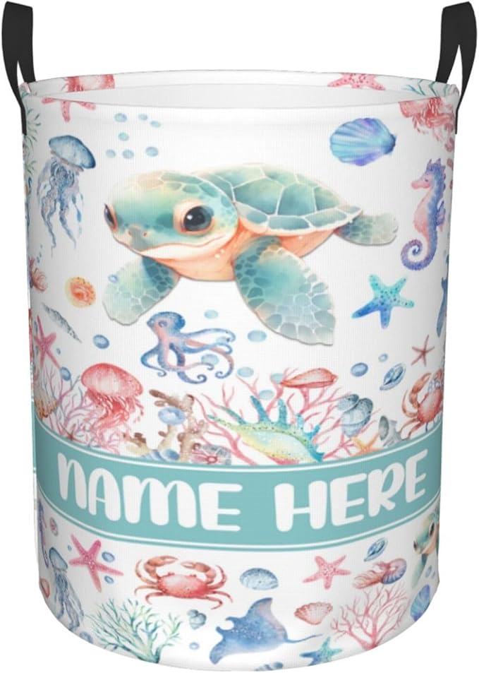 Custom Turtle Laundry Baskets, Personalized Turtle Gifts with Customized Name, Collapsible Laundry Hamper for Kids Adults Home Decoration,16.5 X 13.8in