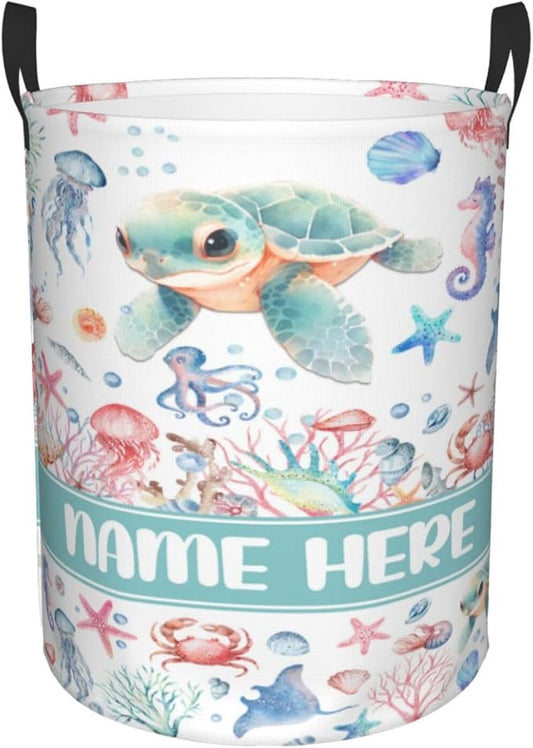 Custom Turtle Laundry Baskets, Personalized Turtle Gifts with Customized Name, Collapsible Laundry Hamper for Kids Adults Home Decoration,16.5 X 13.8in