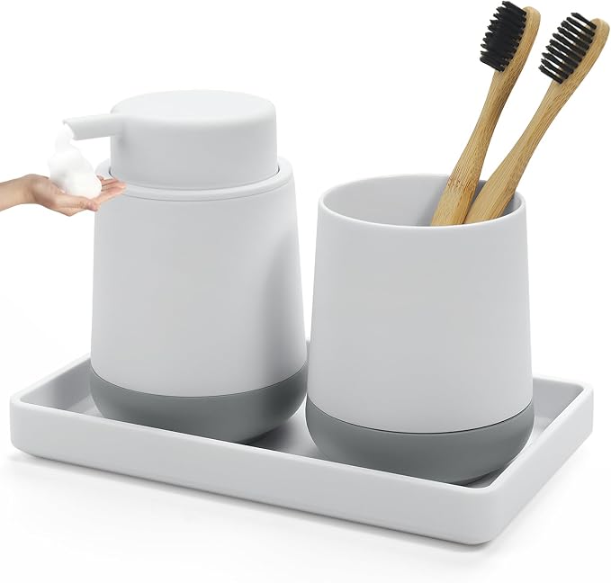 GAHEFY White Bathroom Countertop Accessories Set - Soap Dispenser and Toothbrush Holder with Silicone Boot,Vanity Tray (White Foam)