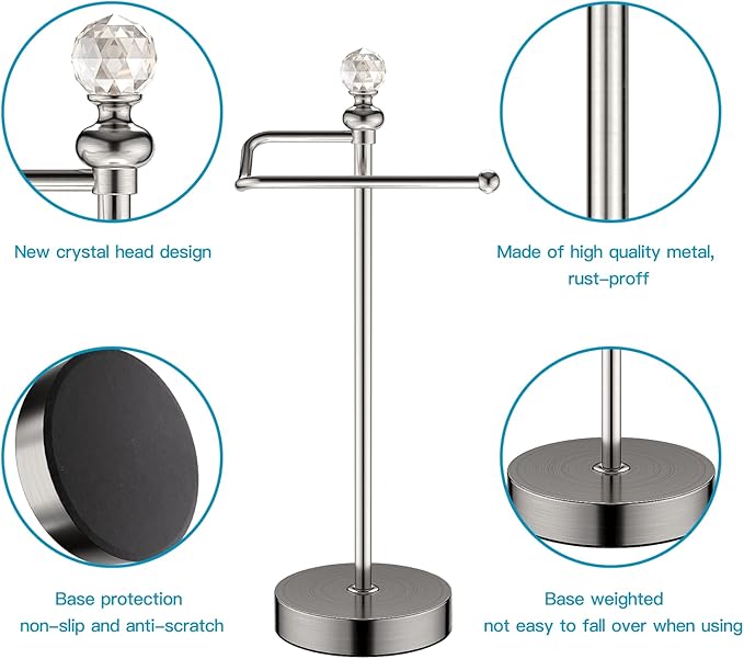 ROLABAM Heavy Weighted Hand Towel Holder with Crystal Ball - Stand, 15.7'' Tall, Brushed Nickel