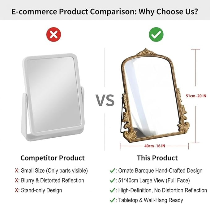HSDDHOME 16x20 Inch Large Vintage Gold Table Mirror - Antique Wooden Frame Vanity Mirror with Foldable Stand for Makeup, Décor & Gifts