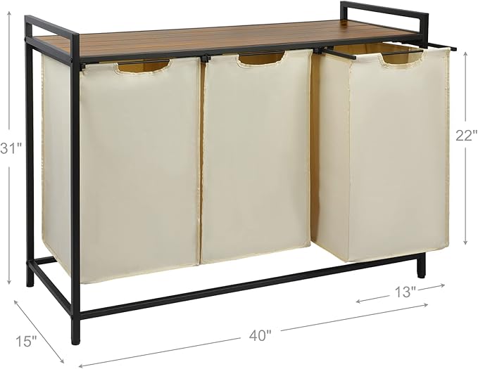 Graciadeco Pull Out Laundry Hamper 3 Compartment Laundry Sorter with Shelf 3 Section Laundry Basket with 3 x 16 Gallons Removable Bags for Laundry Room Bathroom and Dorm, Beige