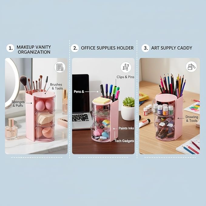 3-Layer(pink) Clear Hair Accessories Organizer,Hair Caddy Organizer,with Hair Brushes Holder Rotatable Small Jewelry Box for Hair Clip, Earring Necklaces, Makeup Brush, Hair Accessories.