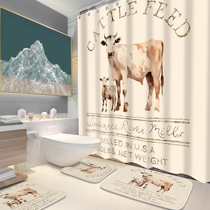 Farmhouse Cattle Feed Cow Rustic Bathroom Sets with Shower Curtain 72Wx72H and Rugs and Accessories Decor with Bath Mat, U-Shaped Contour Velvet Washable 20 x 31 inches Ivory and White