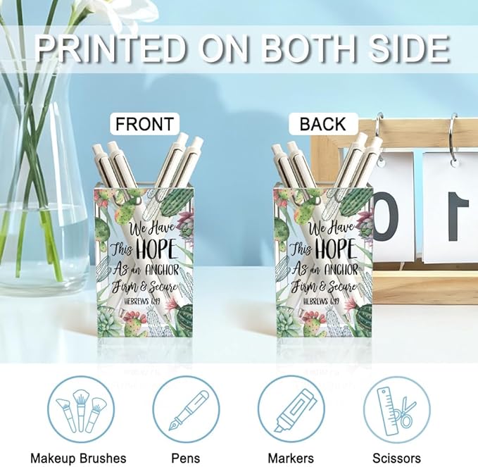 We Have This Hope As An Anchor Firm & Secure Acrylic Pencil Holder Cup, Bible Verse Inspirational Pen Holder for Home Desk, Hebrews 6:19 Christian Gifts for Women Girls, Makeup Brush Organizer