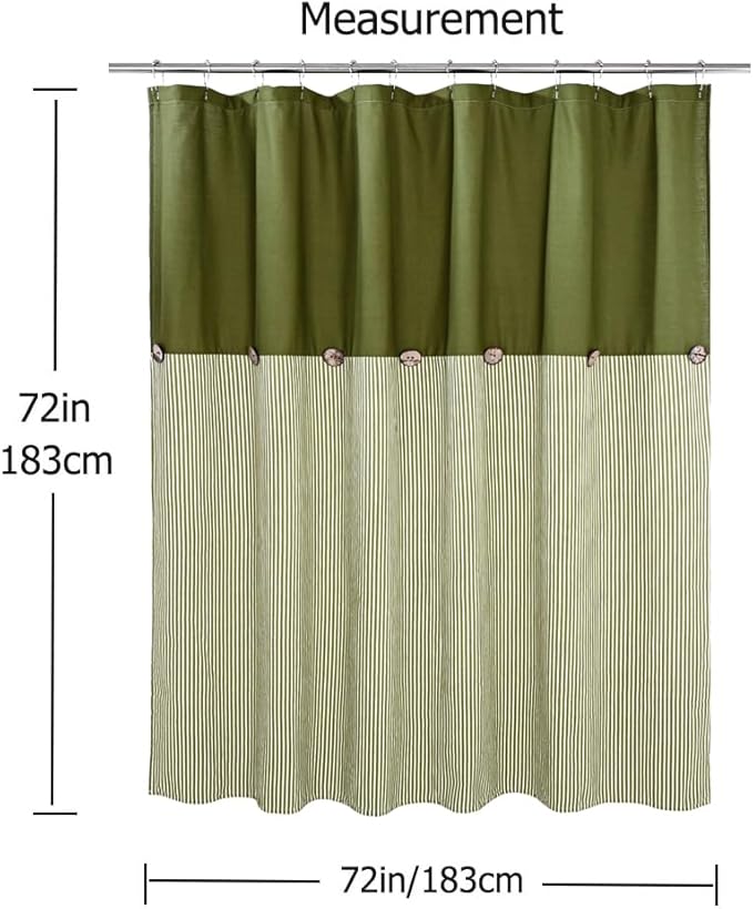 Farmhouse Shower Curtain,Green and Green Stripe,Button Curtain,Cotton Blend Fabric,Rustic Charm Country Chic Style,72x72 in