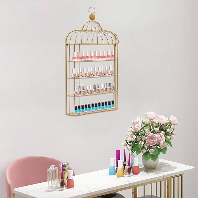 Wall-Mounted Nail Polish Racks, 6-Tier Metal Makeup Display Wall Shelf Storage Organizer for Home Spa Nail Salon Perfume Lipstick Cosmetic (Gold)
