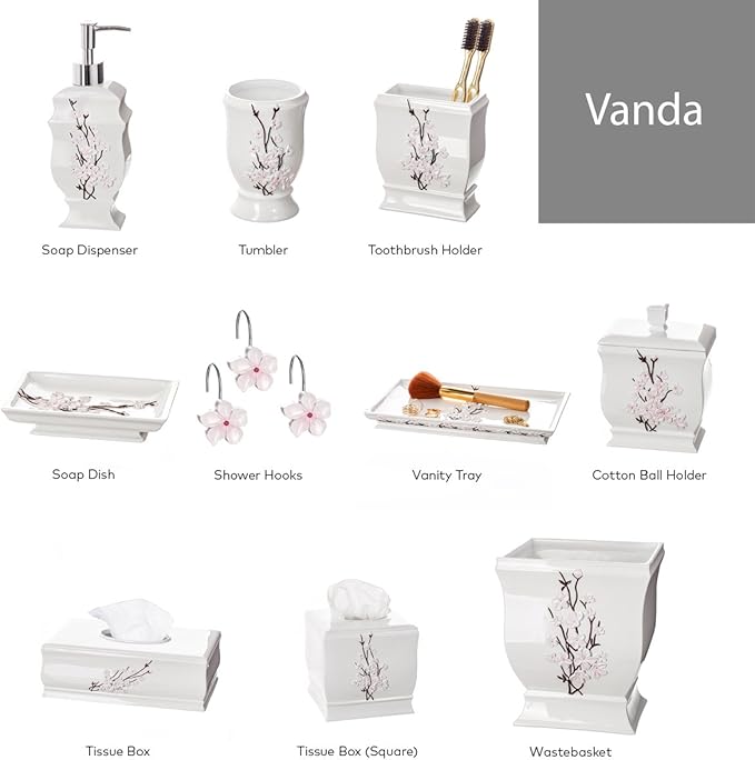 Creative Scents Vanda Cherry Blossom Shower Curtain Hooks Decorative Set of 12 Flower Shower Curtain Rings for Curtain - White and Pink Shower Hooks Bathroom Accessories Decor