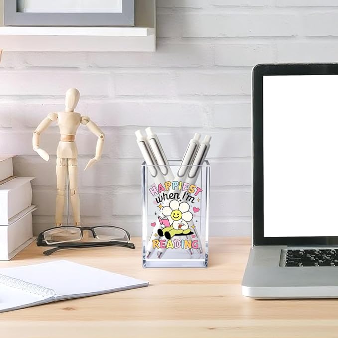 Happiest When I'm Reading Acrylic Cosmetic Pencil Pen Holder Cup, Boho Bookish Desk Organizer Accessories, Bookworm Gifts, Book Lover Gifts for Women Girl Book Club Member Daughter Student