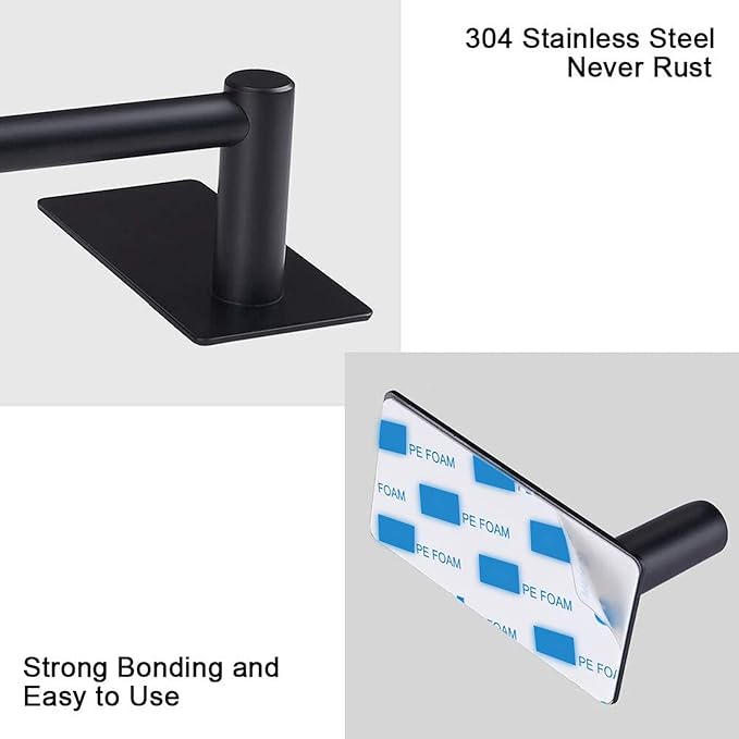 NearMoon Self Adhesive Bathroom Towel Bar- Stainless Steel Bath Wall Shelf Rack Hanging Towel Stick On Sticky Hanger Contemporary Style, NO Drilling (1 Pack, Matte Black, 9-Inch Towel Rack)