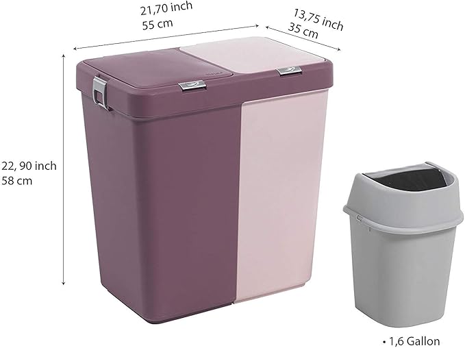 Mabel Home Plastic Laundry Hamper with Lid, 2 sections, Large Laundry Basket – Extra Trash Bin (1,6 Gallons) inc. (Pink-Purple)