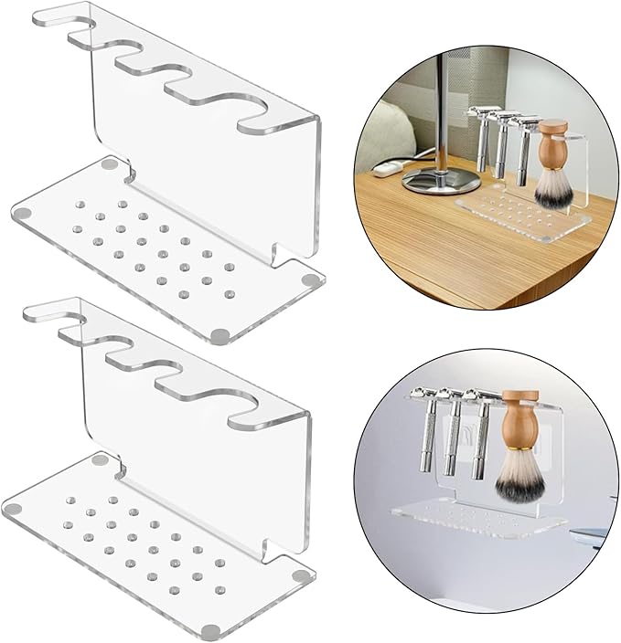 Twin Modern Acrylic Cutlery Racks | Clear Bathroom Shelf with Anti-Slip Base | Countertop Storage for Shaving Tools Clear Shaving Cutlery Display Shelf