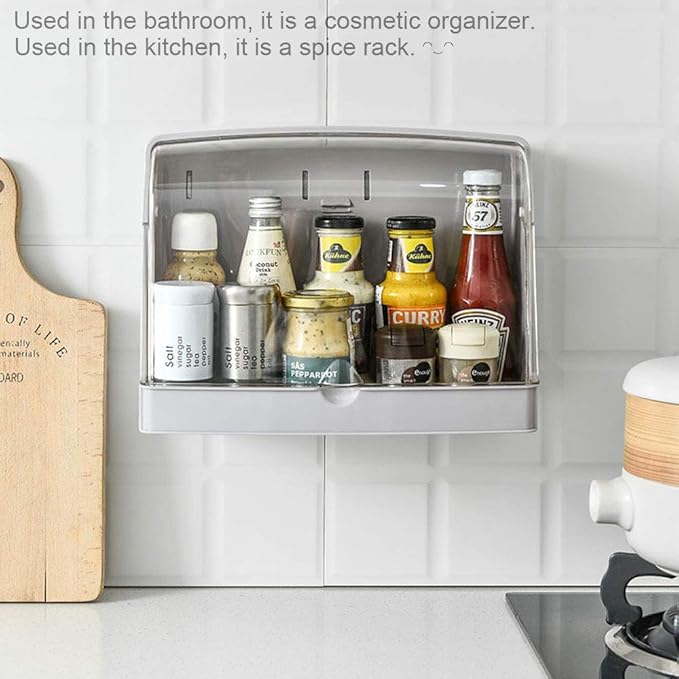 Cosmetic Organizer for Bathroom, No Drilling Wall Mount Makeup Organizer Dustproof & Waterproof Cosmetics Display Cases,Makeup Storage Box,Perfume rack,Kitchen Spice Rack, Clear-Gray White