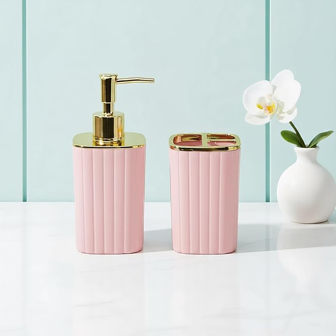2Pack Bathroom Accessories Set, Pink Bathroom Set. Bathroom Toothbrush Holder Set, Includes Dispenser and Toothbrush Holder. Bohemian Bathroom Accessories
