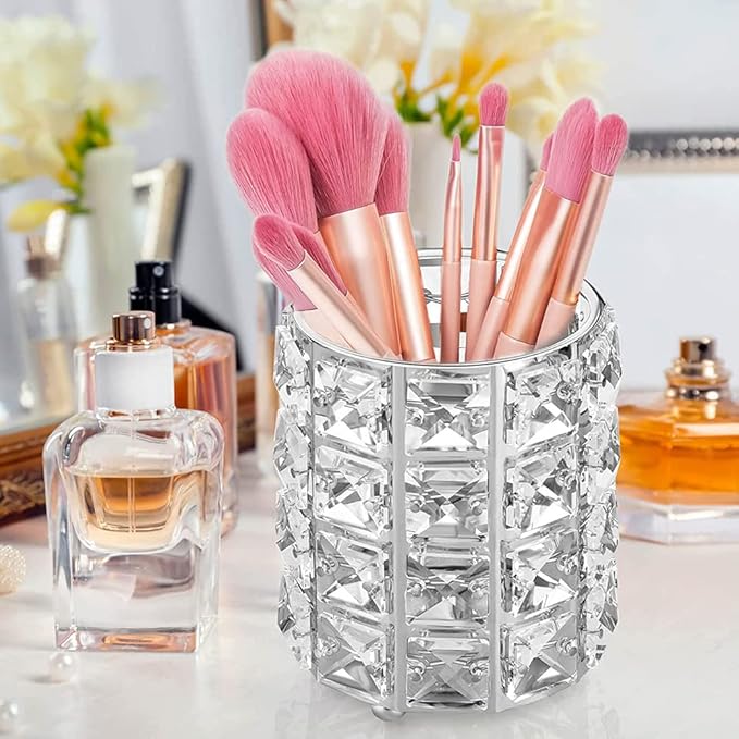 AKOAK 1 Pack Crystal Makeup Brush Holder Office Supplies Storage Rack Eyebrow Pencil/Lipstick/Pencil Makeup Container, Dressing Table, Bedroom, Office (White)