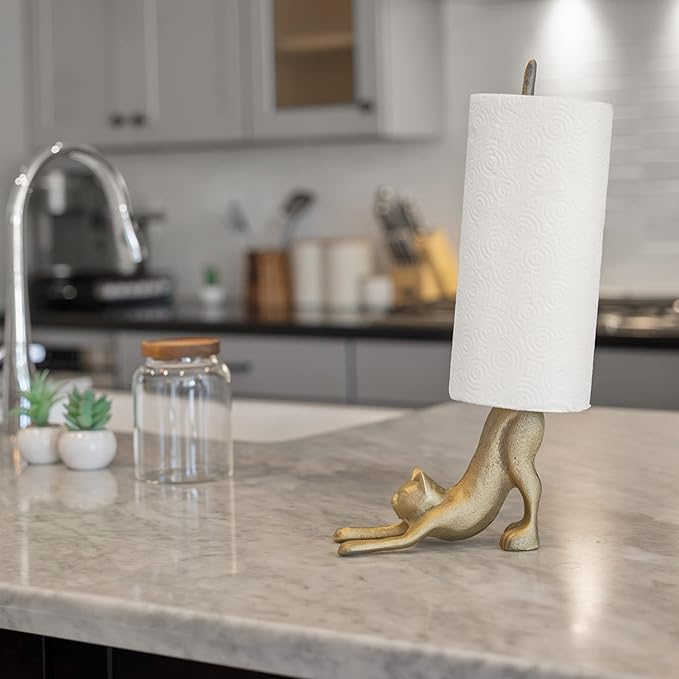 WallCharmers Gold Paper Towel Holder, Metal Toilet or Kitchen Paper Holder for Floor or Countertop, Gold Cat
