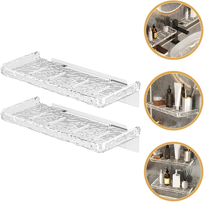 2Pcs Wall Mounted Storage Shelf Bathroom Organizer Ripple Pattern Strong No-Drill Floating Rack Cosmetic and Toiletries Holder