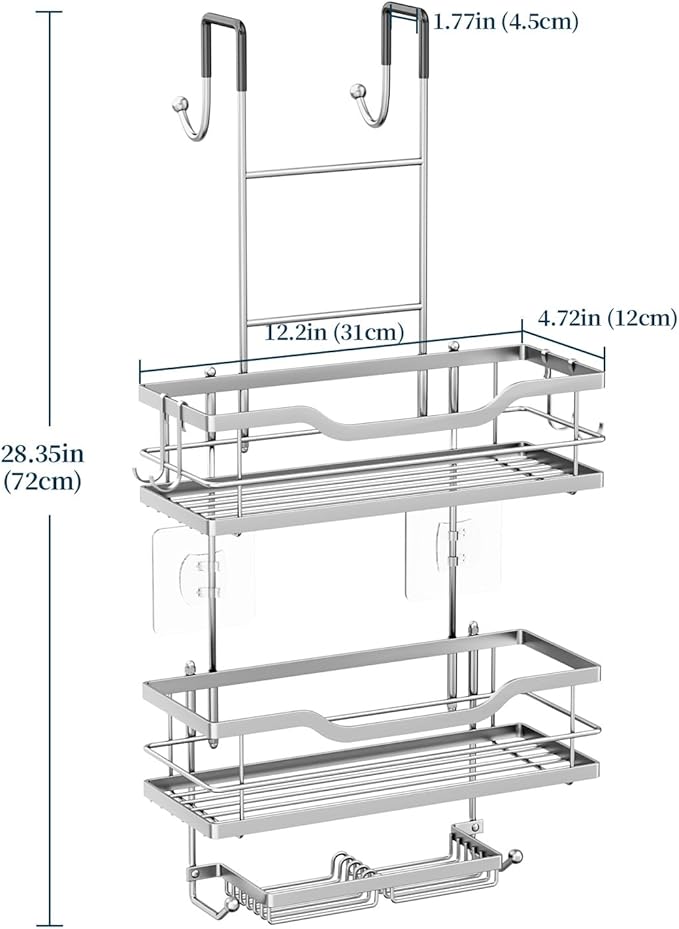 Consumest Over The Door Shower Caddy - 3 Tier Shower Shelves Hanging with Soap Holders, Large Capacity Shower Organizer with 6 Hooks, Bathroom Rack and Storage, Silver