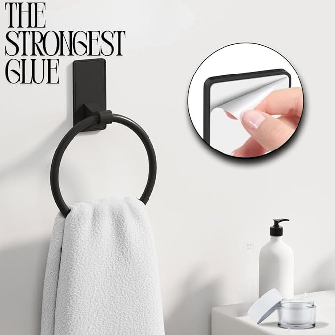 Matte Black Adhesive Towel Ring, No Drill Bathroom Towel Holder, Wall Mounted, Free Adhesive Included