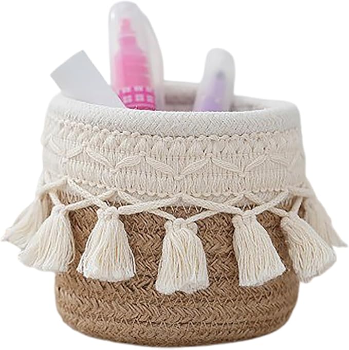 MSUIINT Macrame Makeup Brush Holder Organizer, Brushes Mini Storage Basket, Hand Woven Cotton Rope Basket, Boho Decor Baskets for Comb Cosmetics Pen Pencil Container (B)