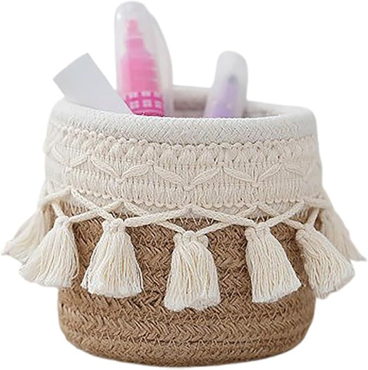 MSUIINT Macrame Makeup Brush Holder Organizer, Brushes Mini Storage Basket, Hand Woven Cotton Rope Basket, Boho Decor Baskets for Comb Cosmetics Pen Pencil Container (B)
