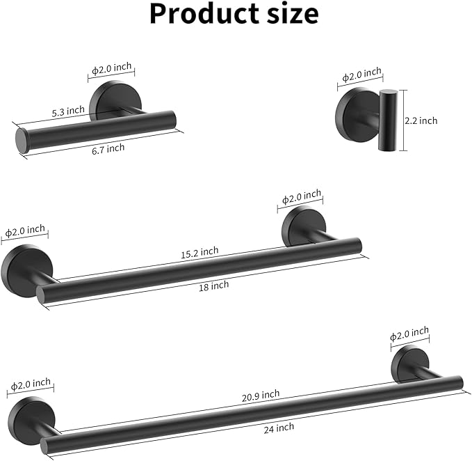 Newfun 10 Pieces Matte Black Bathroom Hardware Set - Includes 24 inch Towel Bar, Robe Hook, Toilet Paper Holder, Stainless Steel Bathroom Accessories Set for Bathroom Wall Mounted