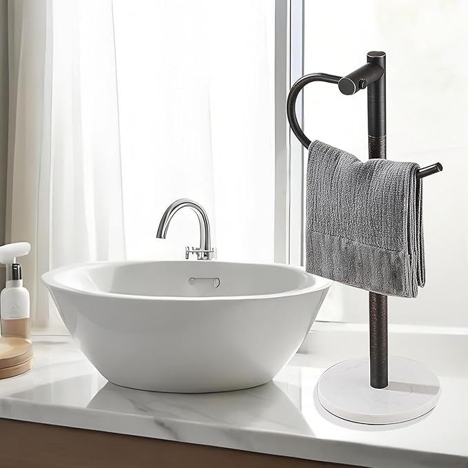 Standing Towel Bar Holder - Free Standing Bathroom Towel Rack Towel Holder with Engineered Stone Base - Countertop Vanity Towel Stand for Hand/Kitchen Towels (Oil-Rubbed Bronze)