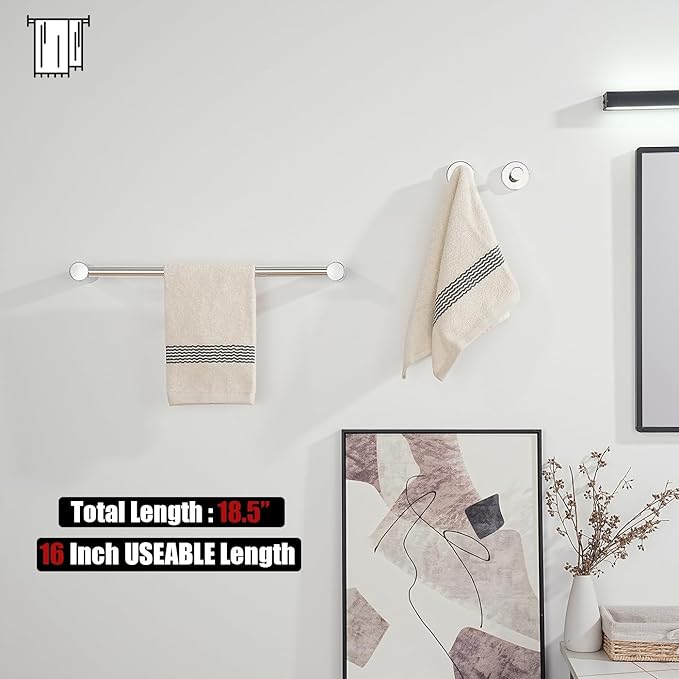 JQK Towel Bar Chrome, 18.5 Inch 304 Stainless Steel Thicken 0.8mm 2 Pieces Towel Rack Bathroom Wall Mount, Useable Length 16 Inch, TB610L16-CH