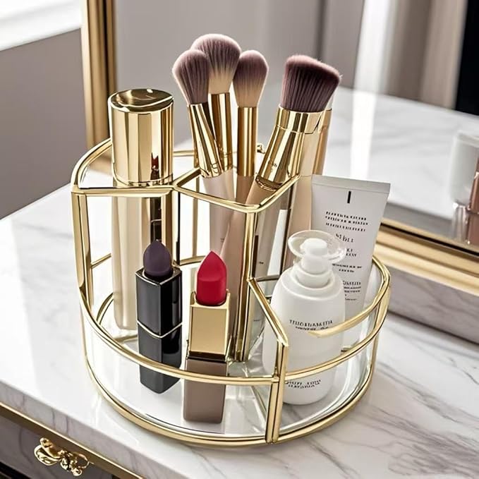 360° Rotate Makeup Brush Holder, Makeup Organizers Countertop, Perfume Tray, Bathroom Organizer and Storage for Eyeliner,Lipstick, Lazy Susan Organizer for Vanity Cabinet Dresser Bathroom (Gold)