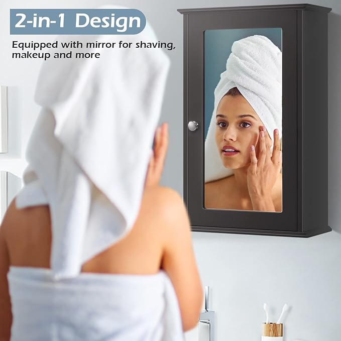 Dual-use, Wall Mount Mirror w/Adjustable Shelf, Vanity Storage Bathroom, Living Room or Entryway Medicine Cabinets, Small, Coffee