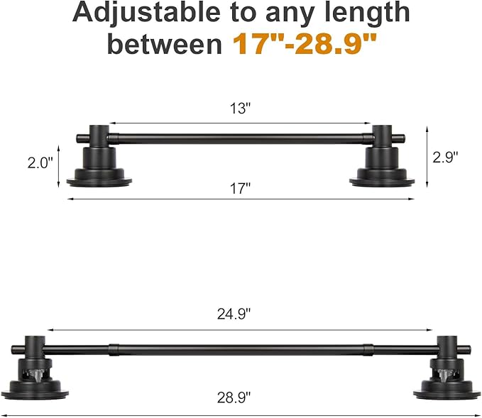 Suction Cup Towel Bar for Shower, 15.75''-25.6'' Adjustable Stainless Steel Towel Holder, Heavy Duty Suction Towel Rack with Powerful Vacuum Adsorption for Bathroom, Kitchen, RV, and Renters (Black)