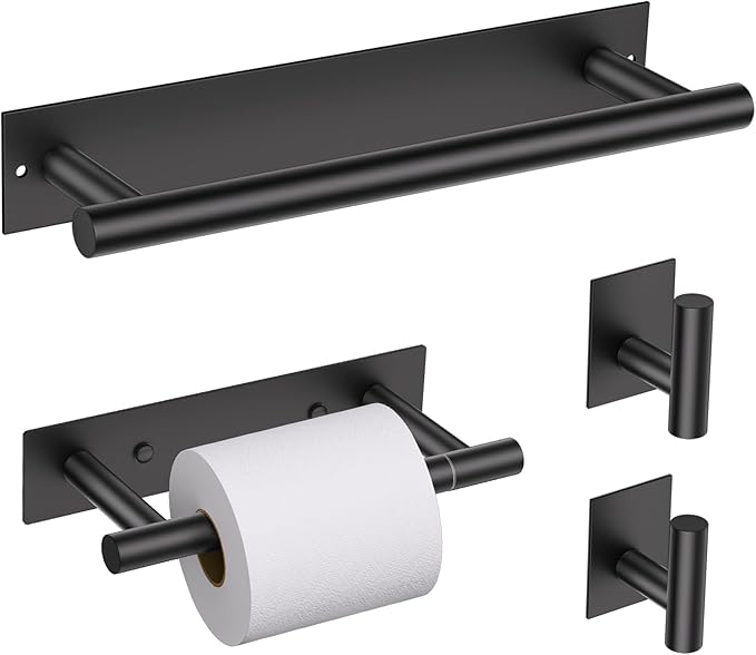Lairuier 4-Piece Bathroom Hardware Set, Matte Black Towel Holder Set Include Adhesive or Screw Towel Bar, Toilet Paper Holder and 2 Towel Hooks, Stainless Steel Wall Mounted Bathroom Accessories
