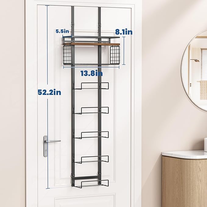 Aetyord Towel Racks for Bathroom Over The Door Towel Racks Towel Storage Organizer with Metal Shelf Basket for Bathroom Rv Camper (7-Tier Black with Brown Plank)