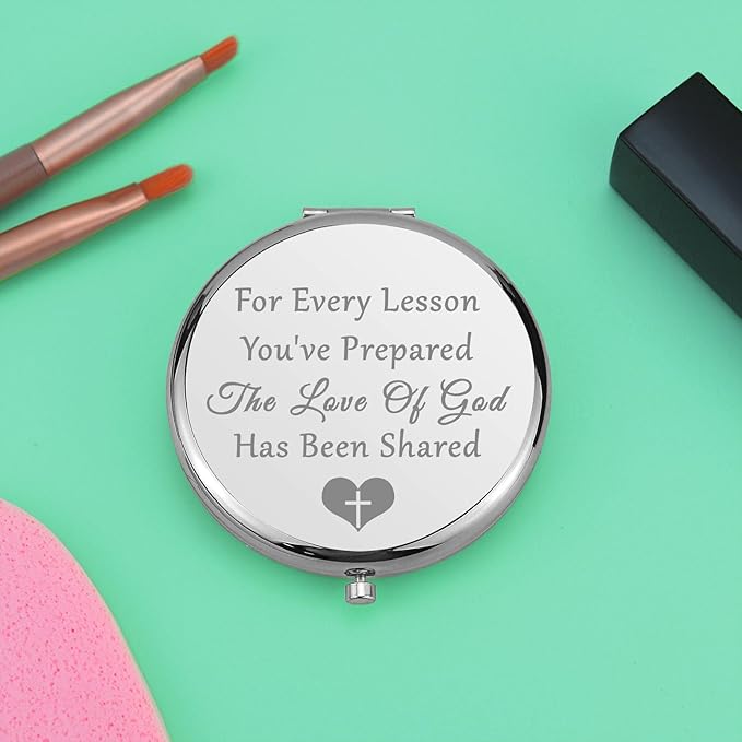 Teacher Gifts for Women Compact Makeup Mirror Teacher Appreciation Gift Religious Gift Encouragement Gifts Travel Makeup Mirror Birthday Thanksgiving Graduation Gift (Silver)
