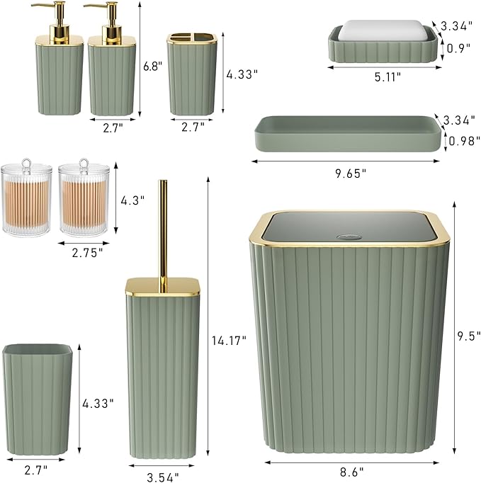 XLHOMO Bathroom Accessories Set - Gorgeous Bathroom Set, 10PC Sage Green Bathroom Accessory Set, Toilet Brush, Trash Can & Soap Dispenser