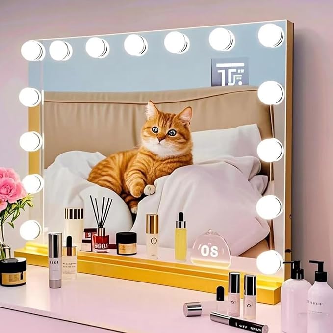 Gvnkvn Vanity Mirror with Lights USB+Type-C Charging, 32WX24L Tabletop Hollyhood Makeup Mirror, Hollywood Lighted Mirror with 18 Dimmable LED Bulbs,3 Colors Modes,Touch Control, Gold