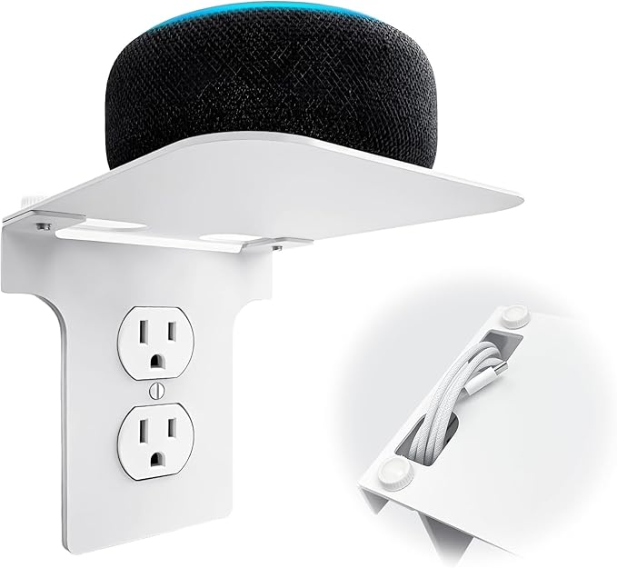 Metal Outlet Shelf Wall Holder for Duplex (Round) Outlets - Bathroom & Kitchen Organizer with Cord Storage, Quick Install for Smart Home Toothbrush Holder Holds Smart Speaker Cell Phone