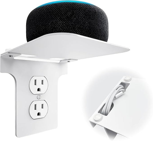 Metal Outlet Shelf Wall Holder for Duplex (Round) Outlets - Bathroom & Kitchen Organizer with Cord Storage, Quick Install for Smart Home Toothbrush Holder Holds Smart Speaker Cell Phone