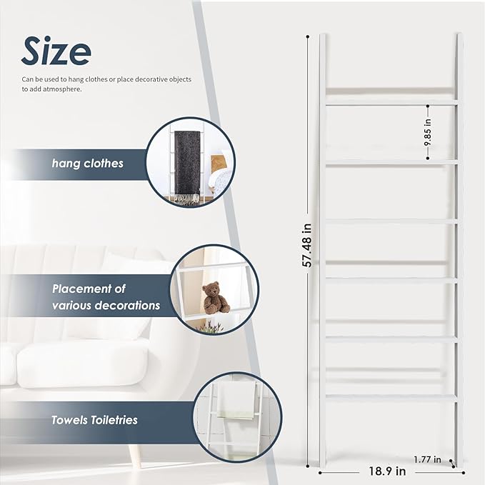 Delywh Wood Blanket Ladder, 57.5'' Rustic Towel Quilt Throw Blanket Ladders for The Living Room, Bedroom, Nursery Stand Holder, Wooden Decorative Ladder for Blankets Rack Farmhouse Home Decor, White