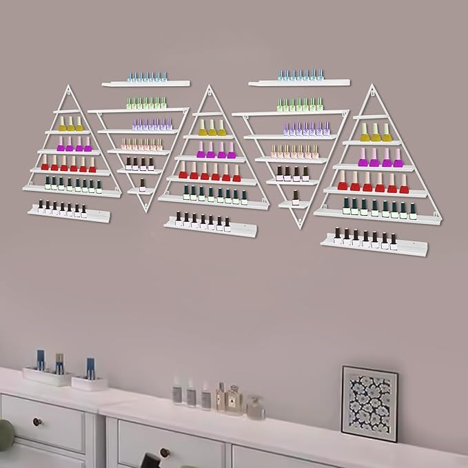 10PCS Triangular Wall-Mounted Nail Polish Racks, White 5-Tier Nail Polish Shelves, Heavy-Duty Cosmetic Display Cases with Raised Edges for Nail Salon, Home, Shop Use