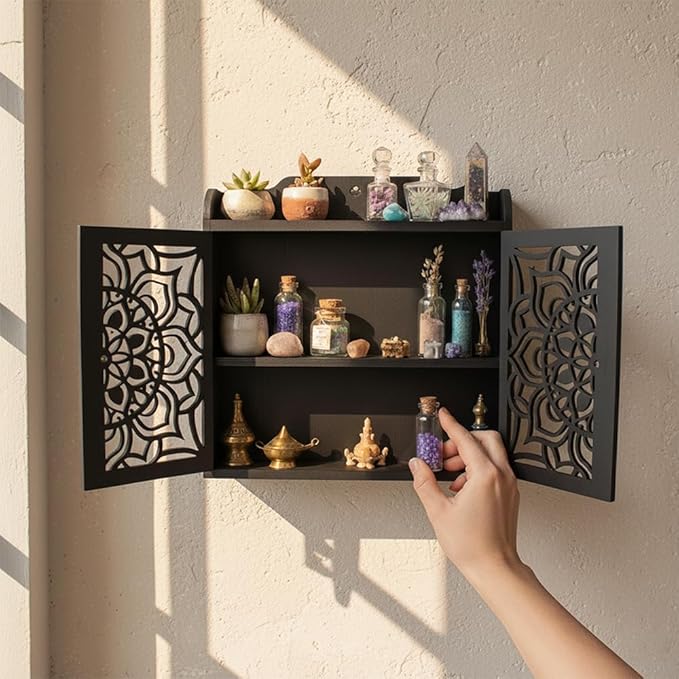 Crystal Display Shelf for Essential Oil and Nail Polish, Display Case for Crystal Rock Gem and Healing Stone, Wall Shelf for Trinket and Knick Knack, Gothic Witch Shelves