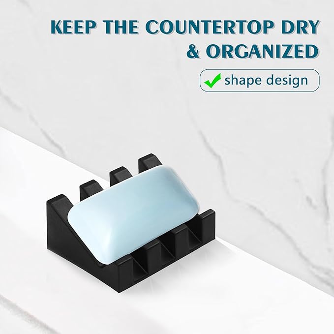 Self Draining Soap Dish Holder,Silicone Soap Dish,for Bathroom,Kitchen, Sponges，Can Extend Soap Life，Keep Soap Bars Dry and Easy Cleaning (Black,4-Pack)