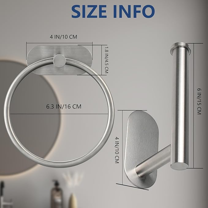Self Adhesive Towel Ring and Toilet Paper Holder, No Drilling Stainless Steel Bathroom Hardware Set, Sturdy Bathroom Accessories for Home or Kitchen, Wall Mounted (Brushed Nickel)