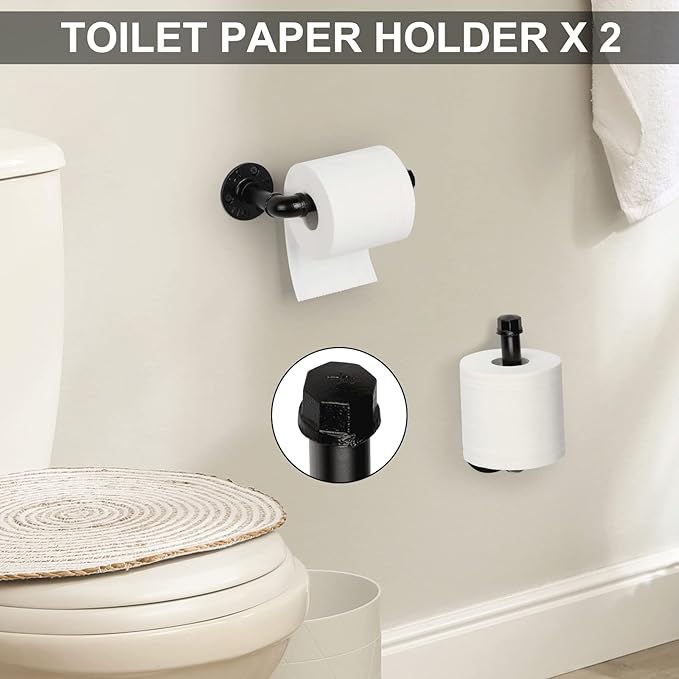 Industrial Bathroom Hardware Set 10 Pieces Bath Towel Bar Set Includes Round Towel Ring Hand Toilet Roll Holders for Wall 18 and 25 inch Towel Rack Robe Towel Hooks Black Bathroom Accessory Towel Kit