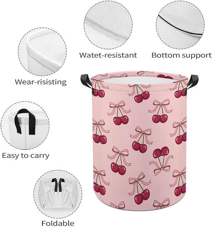 Pink Laundry Basket Cherry Decor Bow Laundry Hamper Clothes Toy Storage Bin for Bedroom Bathroom