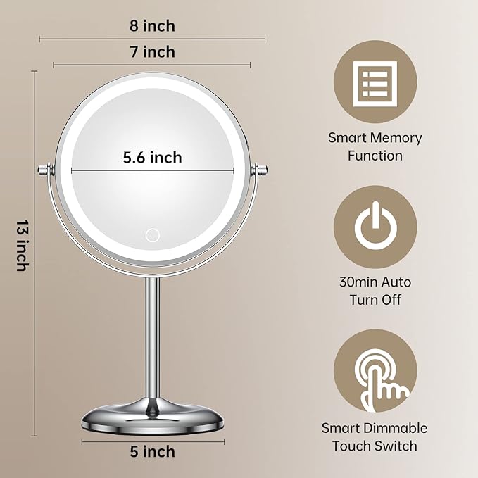Gospire 7" Lighted Makeup Mirror with Magnification 10X/1X, Rechargeable Cordless Stepless Dimming LED Lights, 360° Swivel Magnifying Cosmetic Vanity Standing Mirror for Dresser, Bathroom