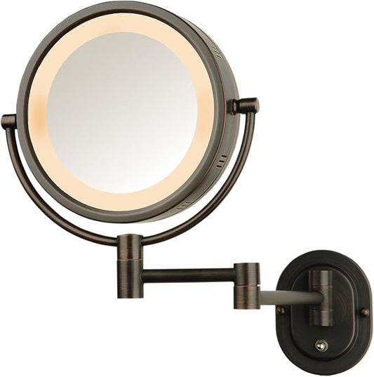 JERDON Wall-Mounted Magnifying Mirror with LED Lights - Lighted Makeup Mirror with 5X Magnification - Plug in - Bronze Finish, Model HL65BZ