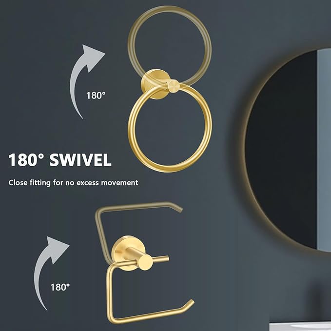 Towel Ring and Toilet Paper Holder Set, Stainless Steel Bath Towel Hanger and Tissue Roll Holders, Bathroom Hardware Accessories Wall Mounted 2 Pieces (Gold)