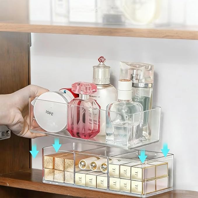 Acrylic Makeup Organizer: Drawer Organizer for Bathroom - Stackable Cosmetic Display Cases for Vanity Countertop and Makeup Storage Containers (3-Compartment)