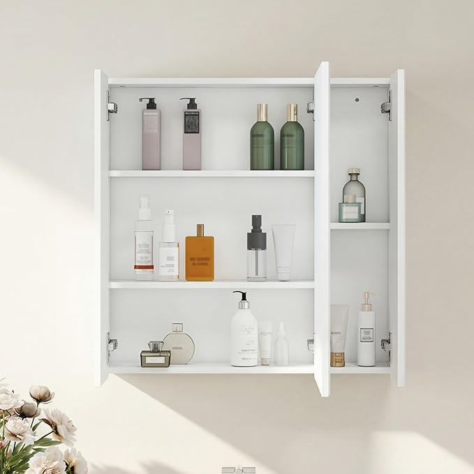 Panana Bathroom Mirror Cabinet Medicine Cabinets with 3 Mirrored Door Wall Mounted Cabinet with Mirror, Storage Shelf with Adjustable Shelves Storage Organizer Kitchen Cupboard (White, 23.6x23.6 inch)